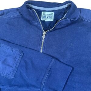 Converse One Star Quarter Zip Pullover Sweatshirt‎ Ribbed Elbow Patch Blue Small